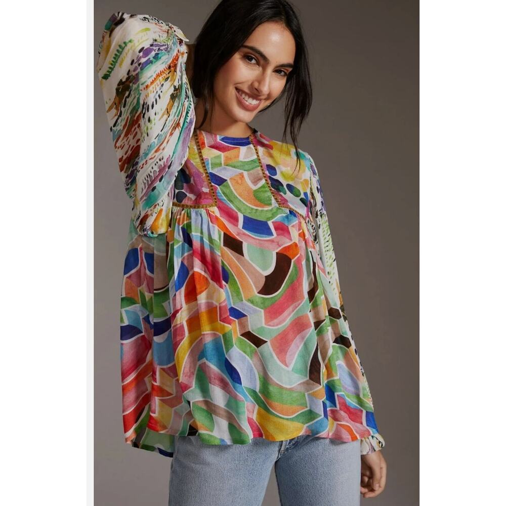 Anthropologie Multicolor Abstract Wave Print Blouse